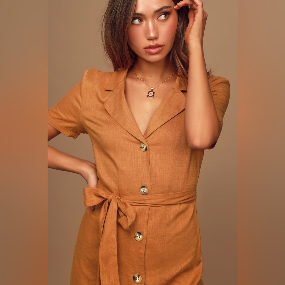 Lush happier hour rust orange button front midi shirt dress